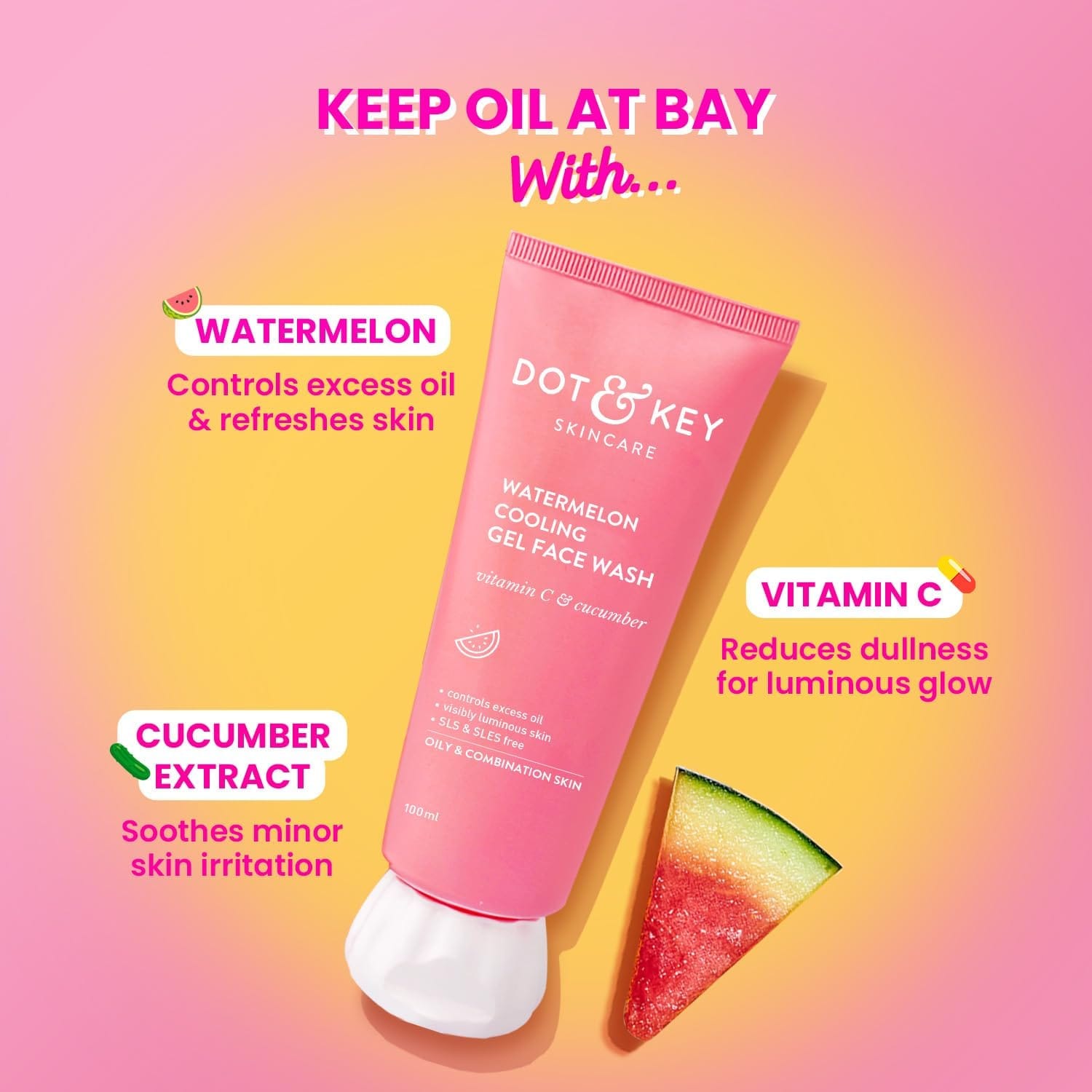 DOT & KEY Watermelon Super Glow Gel Face Wash With Vitamin C & Cucumber | 100ml